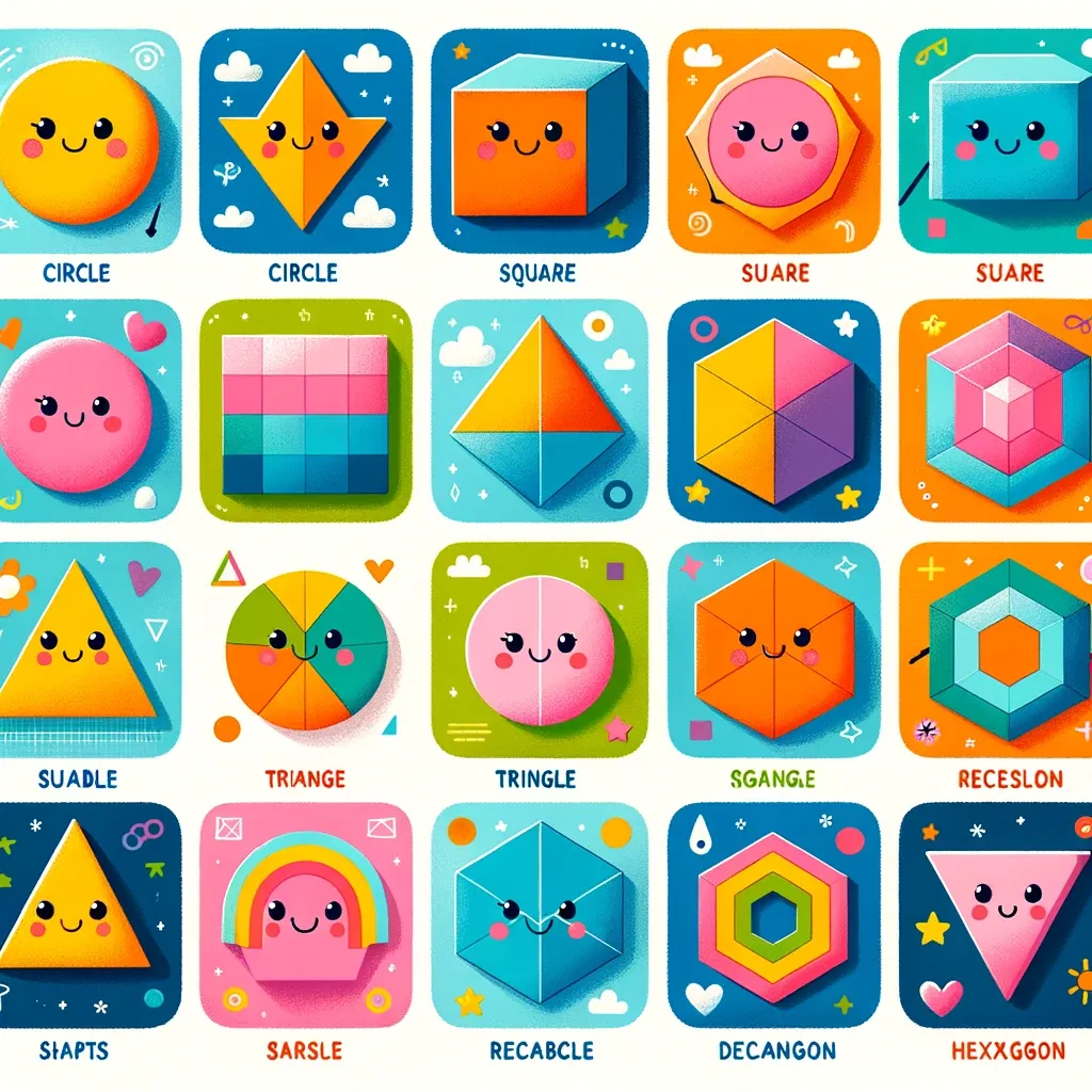 Bonus: More shape shaped shapes 4 DALL E 2024 03 17 11.40.30 Create an engaging and colorful guide for children featuring basic geometric shapes including a circle square triangle rectangle and hexagon. Eac 1 2