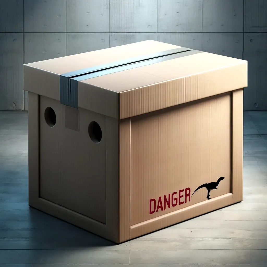 An exercise in frustration 4 The line of symbols has been replaced by the word Danger in red all-caps. Beside the words, facing away from them, is a skinny-necked two-legged dinosaur that might be some kind of dromeosaur.