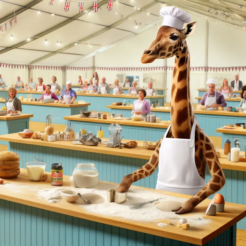 An exercise in frustration 9 the tent is huge and the bakers are really crowded in toward the back - also they're all white - but the giraffe is wearing an apron and a chef's hat and doing something indistinct with flour and circles of dough.