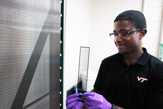 These VA Tech scientists are building a better fog harp 3 Jimmy Kaindu inspects a new collecting prototype beside the original fog harp.