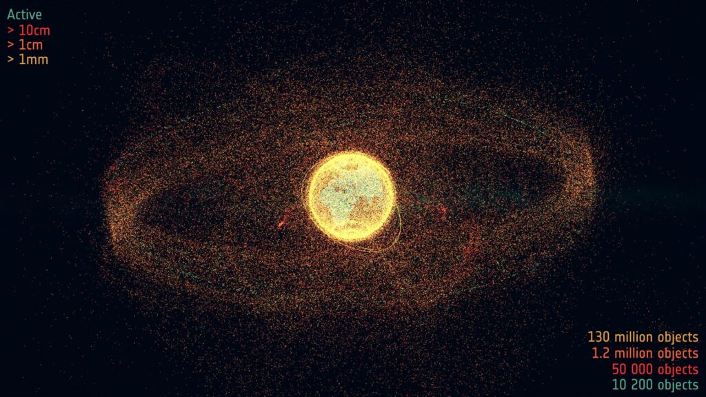 Space debris surrounding Earth pillars