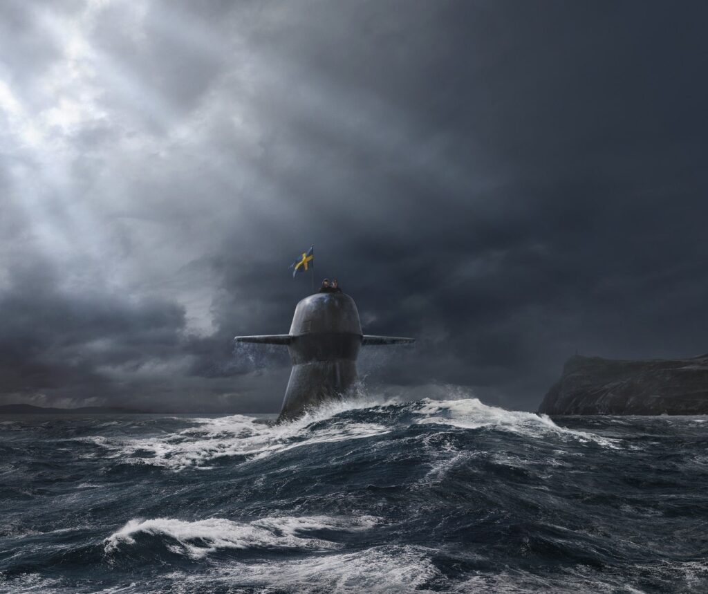 Kockums A26 surfacing with crew and flagjpg